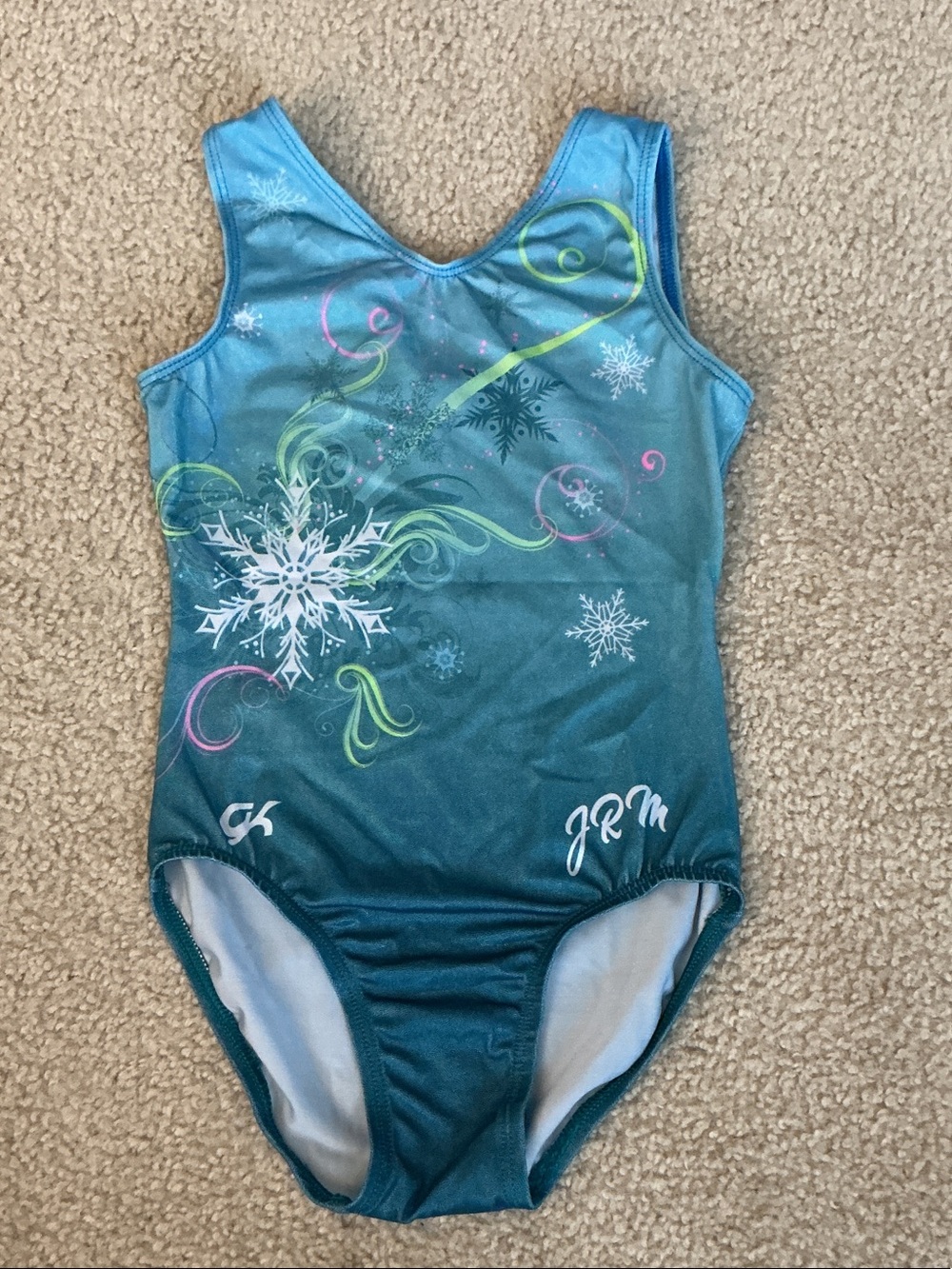 GK Blue Teal Gymnastics Dance Leo Leotard with Snowflake Design - Size Child L